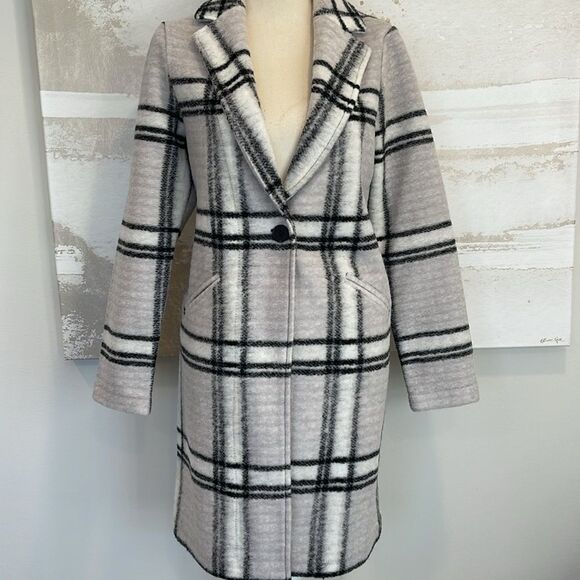 Rachel Zoe Wool Coat Black Plaid White Gray Size S NWT - Picture 1 of 4